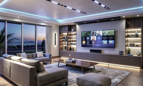 Modern living room with large TV and LED lights.